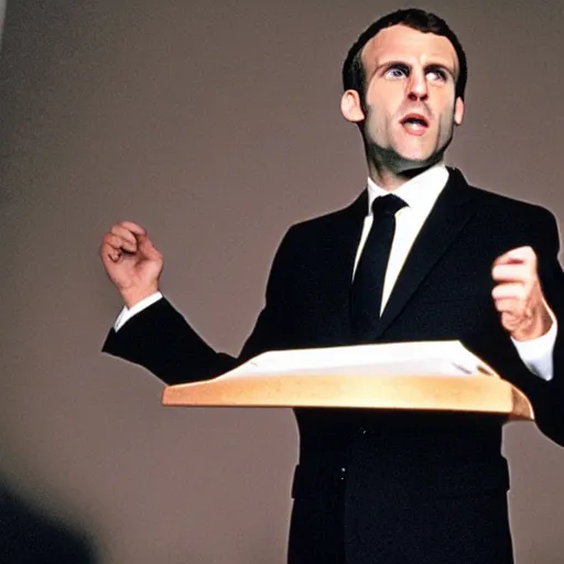 Image similar to bald and beardy Emmanuel Macron in American Psycho (1999)