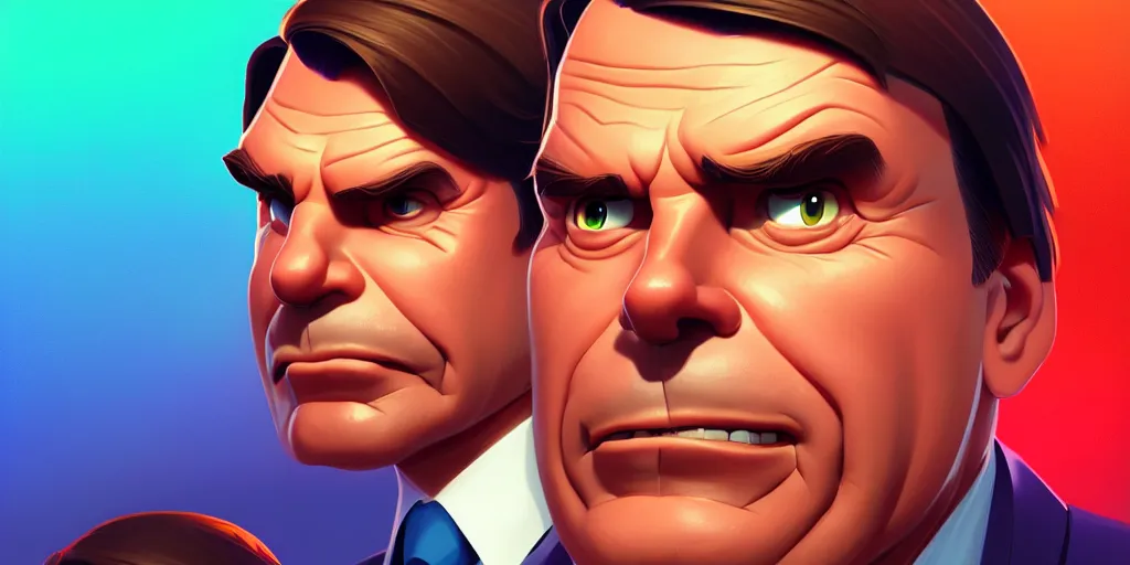 Image similar to low angle portrait of the president Bolsonaro, tepainting concept Blizzard pixar maya engine on stylized background splash comics global illumination lighting artstation lois van baarle, ilya kuvshinov, rossdraws