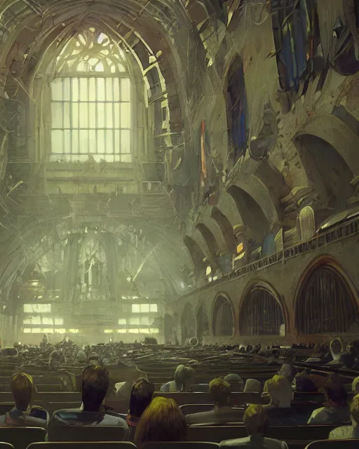 Image similar to craig mullins and ghibli digital illustration of a crowd in a futuristic church, priest, pews, ethereal, inviting, bright, unreal engine, hyper realism, realistic shading, cinematic composition, realistic render, octane render, detailed textures, photorealistic, wide shot