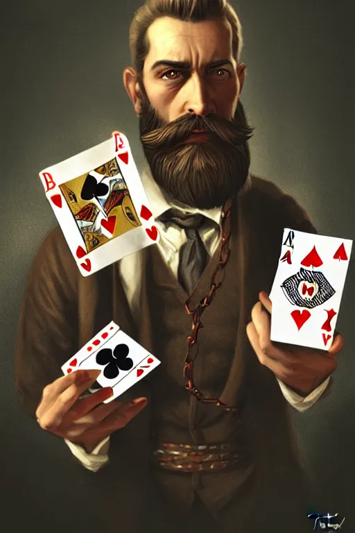 Image similar to bearded round face with no moustache, magician holding playing cards, realistic, modern, magicians eyes are covered with cloth, intricate, elegant, highly detailed, digital painting, artstation, concept art, addiction, chains, smooth, sharp focus, illustration, art by ilja repin