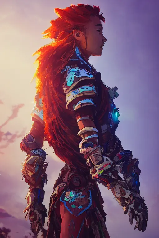 Image similar to combination suit armor aloy horizon forbidden west horizon zero dawn radiating a glowing aura global illumination ray tracing hdr fanart arstation by ian pesty and alena aenami artworks in 4 k tribal robot ninja mask helmet backpack