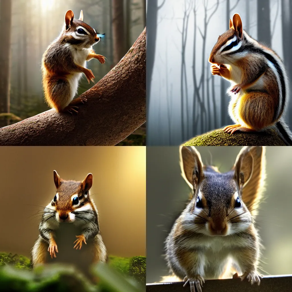 Prompt: a high quality photo of a chipmunk doing weight lifting, as body builder, foggy forrest backdrop, render, ultra realistic, epic lighting, cgsociety