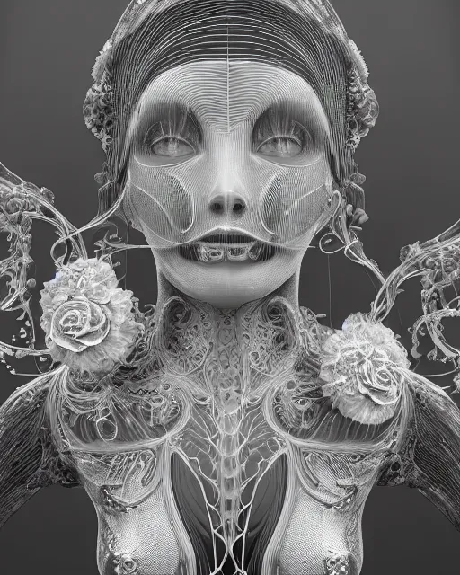 Image similar to mythical dreamy black and white organic bio - mechanical spinal ribbed profile face portrait detail of translucent steampunk beautiful female angelic - human - queen - vegetal - cyborg, highly detailed, intricate crystal ivy jelly ornate, poetic, translucent roses ornate, 3 d render, digital art, octane render, 8 k artistic photography, photo - realistic, by dora maar