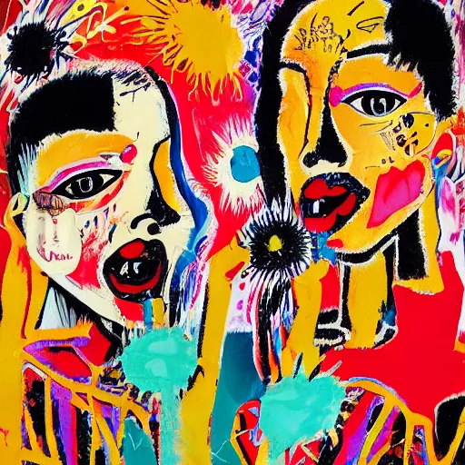 Image similar to acrylic painting of two bizarre psychedelic goth women kissing in china in summertime, speculative evolution, mixed media collage by basquiat and jackson pollock, maximalist magazine collage art, sapphic art, psychedelic illustration