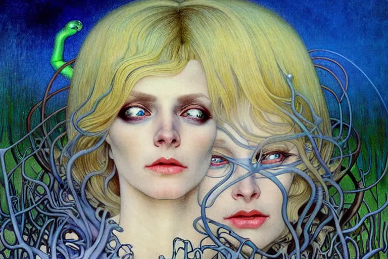 Image similar to realistic detailed portrait painting of a beautiful ghost woman with blond hair with an alien, futuristic sci-fi forest on background by Jean Delville, Amano, Yves Tanguy, Alphonse Mucha, Edward Robert Hughes, Roger Dean, rich moody colours, blue eyes