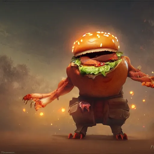 Image similar to fast food monster by jean - baptiste monge, high quality, high resolution, 4 k, painted by cgsociety, rutkowski, gurney with ambient lighting, concept art, detailed, smooth, dynamic volumetric cinematic lighting, octane, raytrace