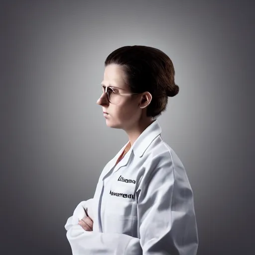 Prompt: dramatic dark painting digital art of brown hair female scientist wearing white lab coat, looking concerned