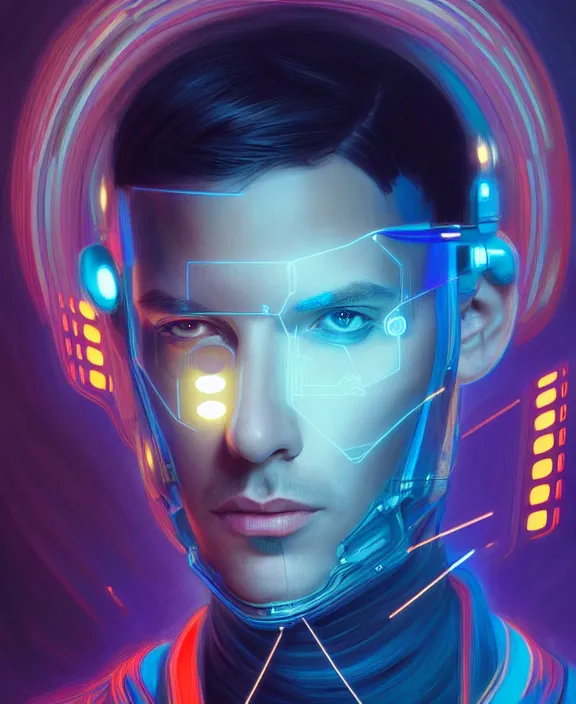 Image similar to a whirlwind inside the metaverse, guy, male, man, hologram, half body, neurochip, android, cyborg, cyberpunk face, by loish, d & d, fantasy, intricate, elegant, highly detailed, colorful, digital painting, artstation, concept art, art by artgerm and greg rutkowski and alphonse mucha