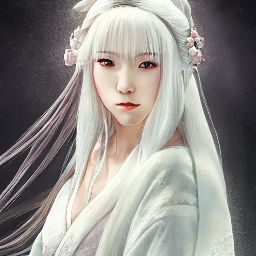 Image similar to sode no shirayuki, wearing a white kimono, long white hair, yamato nadeshiko, character, cg animation, riot entertainment, arcane, realistic, character select portrait, by artgerm, greg rutkowski, alphonse mucha, 3 d