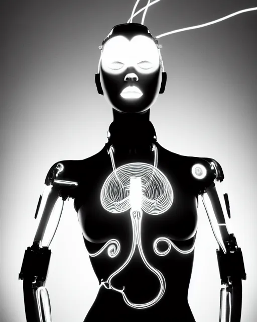 Prompt: black and white artistic photo, full figure, young female cyborg - vegetal, microchip, artificial intelligence, bio - mechanical bio - luminescence, black wired cables, cinematic, rim light, photo - realistic, 8 k