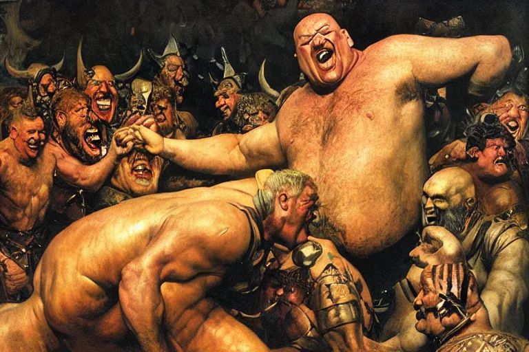 Prompt: portrait of huge fat hulking dorian yates as viking laughing with fat bald warriors at night in fog, painted by norman rockwell and piotr jablonski and lawrence alma tadema and boris vallejo and jack kirby and hans baluschek and jeremy mann