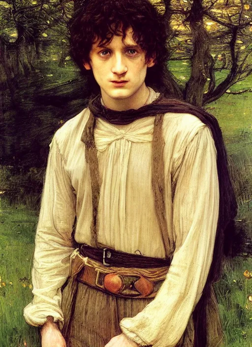 Prompt: a beautiful painting of frodo by John Everett Millais and Dante Gabriel Rossetti and John Collier and john william waterhouse, pre-raphaelite, detailed, trending on artstation, hd, masterpiece