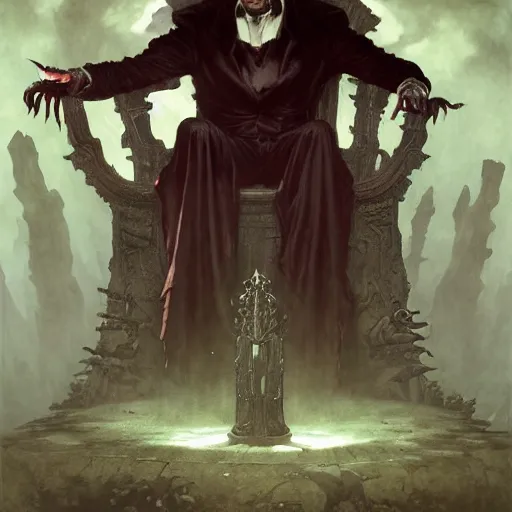 Image similar to An Evil Vampiric Mr. Bean sitting on the throne of hades, fullbody, intricate, demonic, video game art, highly detailed, artstation, green field with village ruins, concept art, smooth, sharp focus, illustration, art by greg rutkowski and orientalism and bouguereau and Zdzislaw Beksinski, good clear quality, lighting, biology, symmetrical artwork, perfect face, 135 mm, cinematic, hyper realism, high detail, octane render, 8k, chrome accents