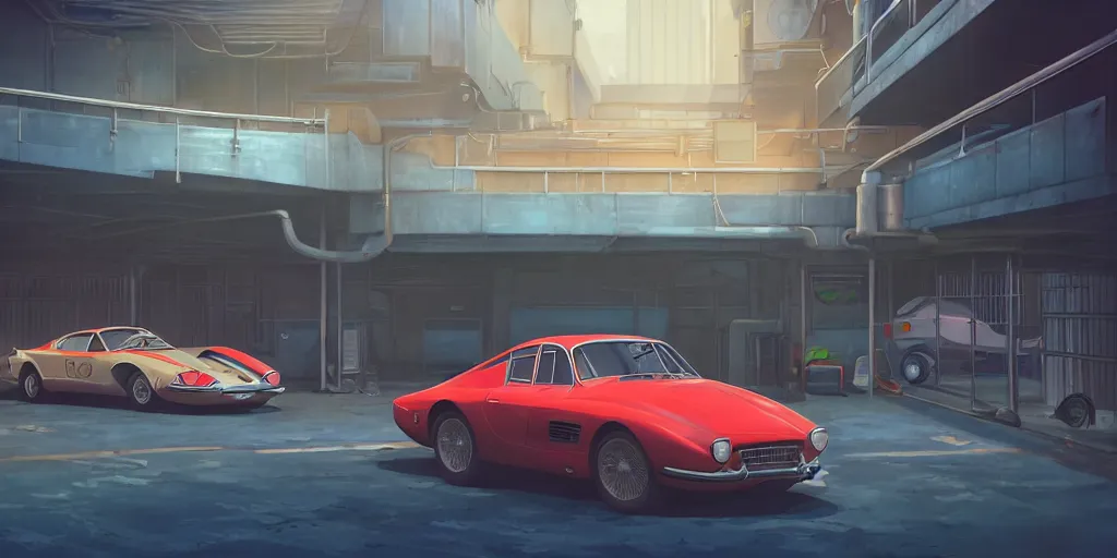 Image similar to a wholesome animation key shot of a focused old ferrari car parked in an multi-storey car park, medium shot, waist up, studio Ghibli, Pixar and Disney animation, sharp, very detailed, high resolution, Rendered in Unreal Engine 5, anime key art by Greg Rutkowski, Bloom, dramatic lighting