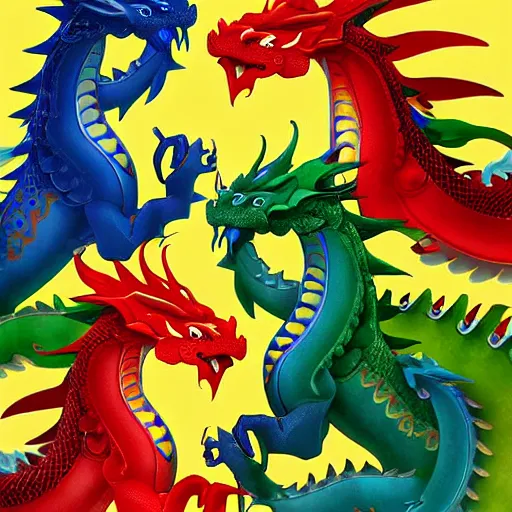 Prompt: 4 chinese dragons, the first dragon is blue, the second dragon is red, the third dragon is green, the fourth dragon is yellow, art station