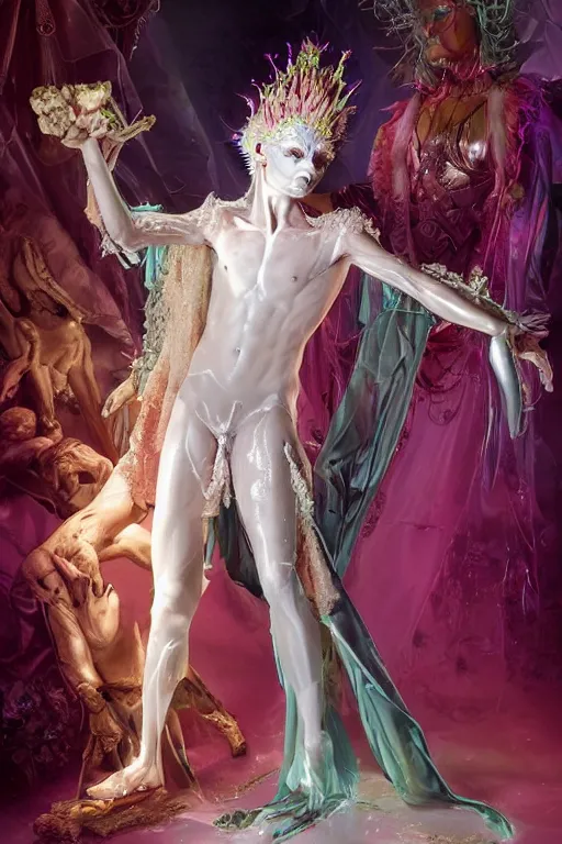 Prompt: full-body photo rococo and cyberpunk delicate neon crystalline sculpture of ((muscular slender albino Italian Prince)) as a dark iridescent humanoid deity wearing a thin see-through ((plastic hooded cloak)) sim roupa (holding a human skull), reclining con (((las piernas abiertas))), glowing pink face, crown of (white lasers), large diamonds, swirling black silk fabric. futuristic elements. oozing glowing liquid, full-length view. space robots. intricate artwork by caravaggio. Trending on artstation, octane render, cinematic lighting from the right, hyper realism, photo realistic, octane render, 8k, depth of field, 3D