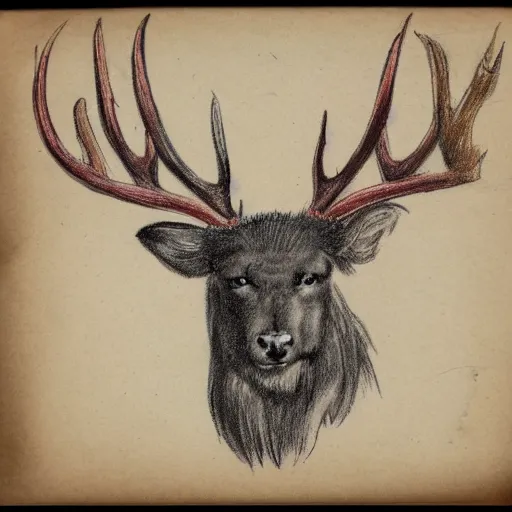 Image similar to professional vintage colored sketch of a fuzzy creature with antlers with full descriptions, on parchment, 8K, HD