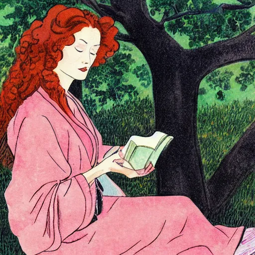 Image similar to beautiful ittle girl with long curly red hair dressed in a pink kimono and sitting next to a tree while reading a book, artwork made in western comic art style, inspired in balthus, anatomically correct, higher details