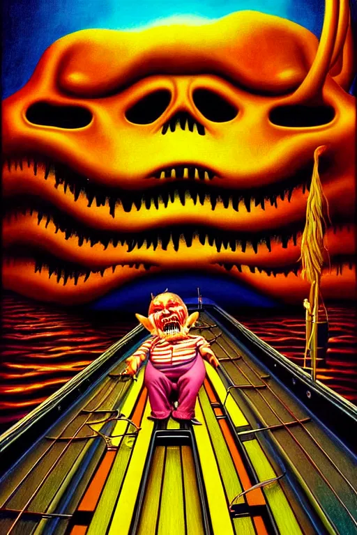 Prompt: a hyperrealistic painting of willy wonkas scary boat ride, cinematic horror by jimmy alonzo, the art of skinner, chris cunningham, lisa frank, richard corben, highly detailed, vivid color,