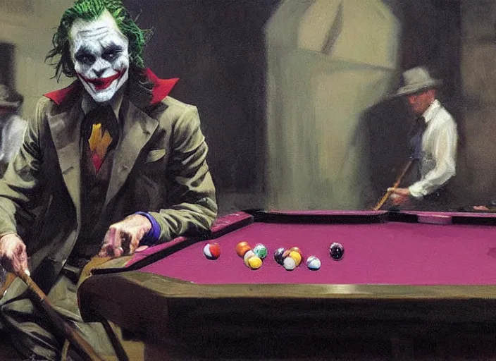 Image similar to a highly detailed beautiful portrait of the joker playing pool, by gregory manchess, james gurney, james jean