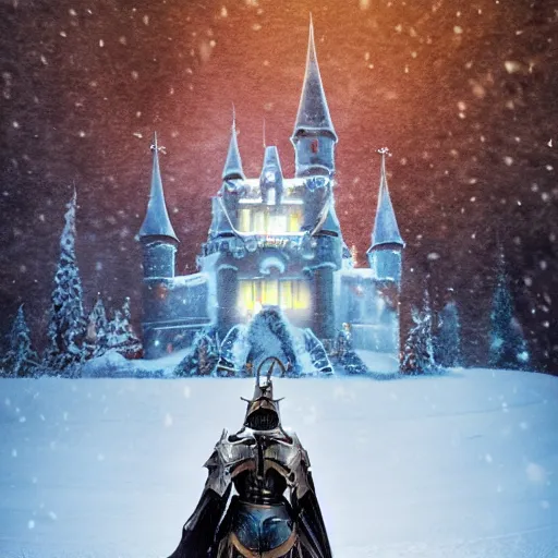 Prompt: paladin knight in snow in front of a castle, Mandy Jurgens, moody, high contrast, vibrant colors, dark fantasy, 8k, ultra detailed