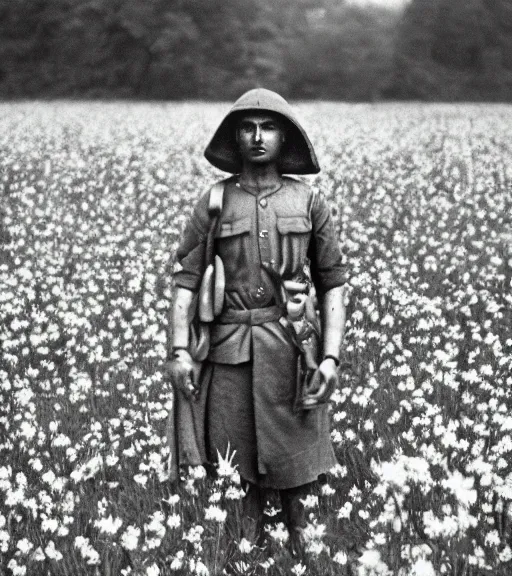 Image similar to mystical hindu god standing in tall meadow of flowers, distant, ww1 film photo, grainy, high detail, high resolution