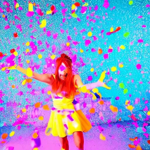 Prompt: girl exploding into a cloud of confetti, festive, neon, bright colors, daytime