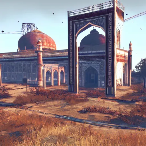 Prompt: taj mahal in ruins post - nuclear war in fallout 4, in game screenshot