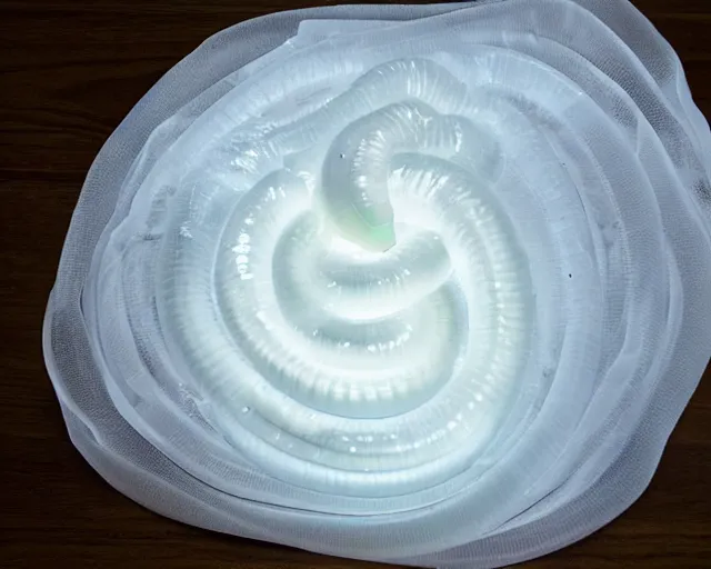 Image similar to translucent worm glowing. made out of plastic bubble wrap. pimple popper footage.