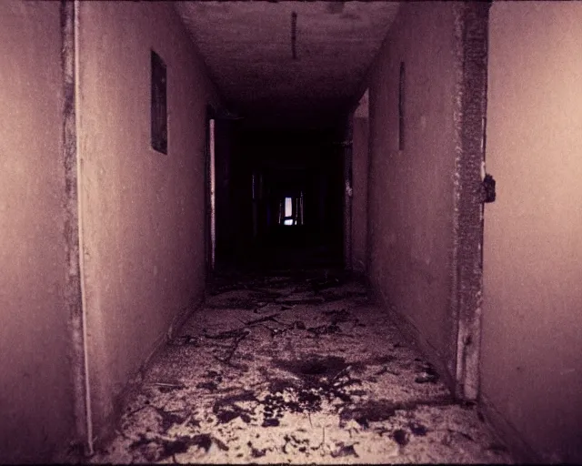 Image similar to dark abandoned hallway at night with eldritch horror, letterboxing, widescreen, 40mm tape, technicolour film, grainy, horror