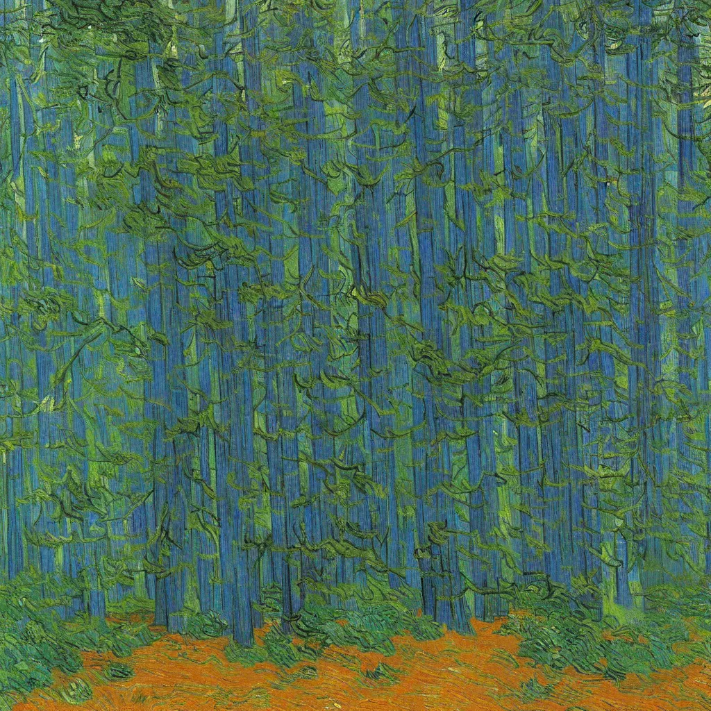 Prompt: a painting of an old growth redwood forest, by vincent van gogh