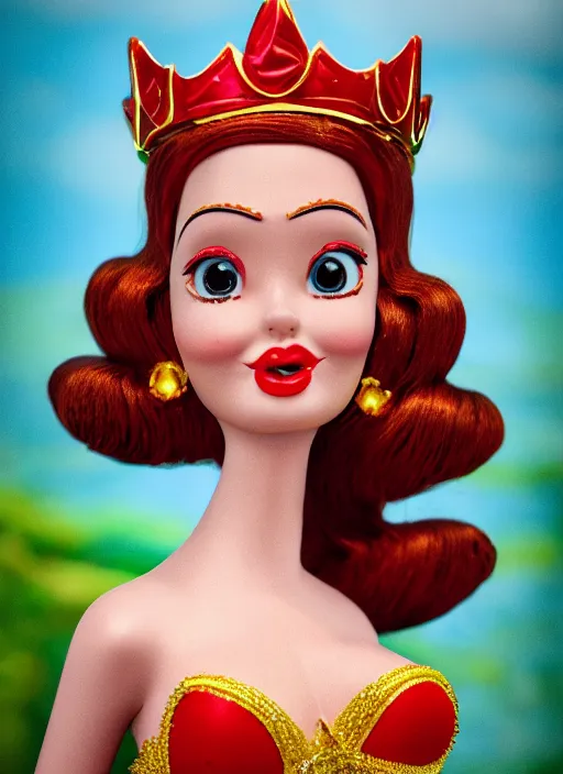 Image similar to closeup face profile portrait of a tin toy jessica rabbit as a fairytale princess wearing a crown eating cakes, bikini, depth of field, zeiss lens, detailed, symmetrical, centered, fashion photoshoot, by nicoletta ceccoli, mark ryden, lostfish, breathtaking, 8 k resolution, extremely detailed, beautiful, establishing shot, artistic, hyperrealistic, octane render