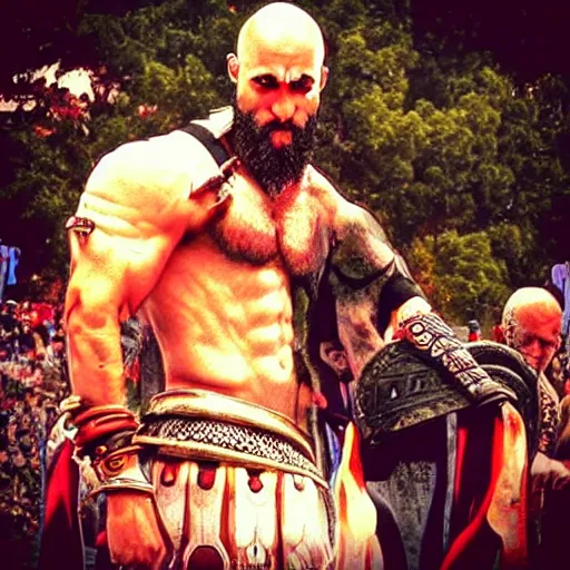 Image similar to kratos at music festival, instagram post 2015 filter