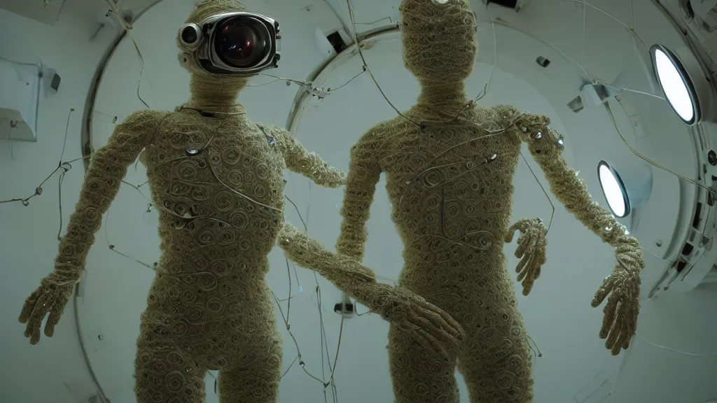 Image similar to a cybernetic symbiosis of a single astronaut eva suit made of pearlescent wearing knitted yarn thread infected with diamond 3d fractal lace iridescent bubble 3d skin covered with stalks of insectoid compound eye camera lenses floats through the living room, film still from the movie directed by Denis Villeneuve with art direction by Salvador Dalí, wide lens,