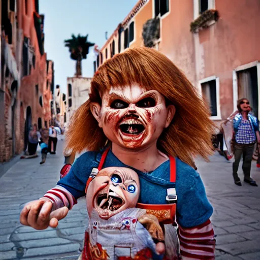 Image similar to screaming chucky doll chasing tourists in venice kodak porta hd
