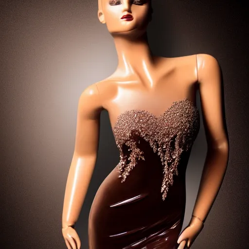 Image similar to a beautiful evening gown made of fluid dark chocolate, on a mannequin.. studio lighting, high quality, high resolution