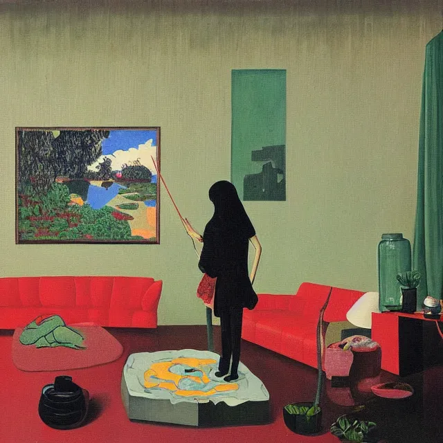 Image similar to female emo art student in her lounge room, painting of flood waters inside an artist's loungeroom, a river flooding indoors, pomegranates, pigs, ikebana, water, octopus, river, rapids, waterfall, black swans, canoe, berries, acrylic on canvas, surrealist, by magritte and monet