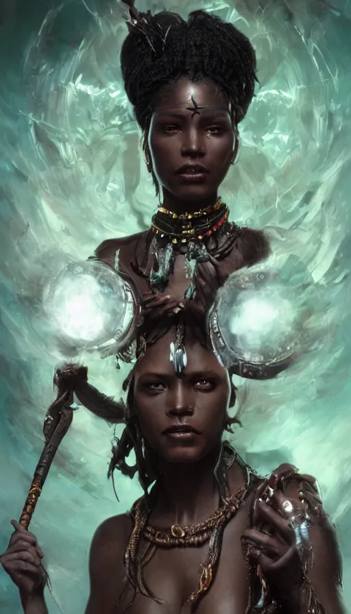 Image similar to epic masterpiece portrait of a dark skin sorceress with a magic wand, on the battlefield, african tribe makeup and jewelry, sweaty skin, hyperrealistic, octane render, cinematic, followed by heads with many faces, beautiful face and flawless skin, perfect hands, emeralds by Edgar Maxence and Ross Tran and Michael Whelan, Legends of Runeterra