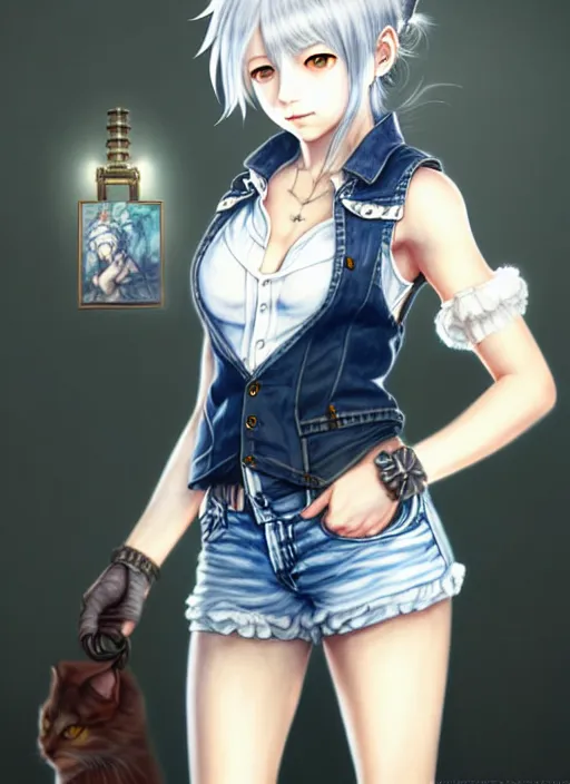 Image similar to a portrait of catgirl wearing white vest, and denim shorts an ultrafine detailed painting, detailed painting, detailed eyes!!, final fantasy, octopath traveler