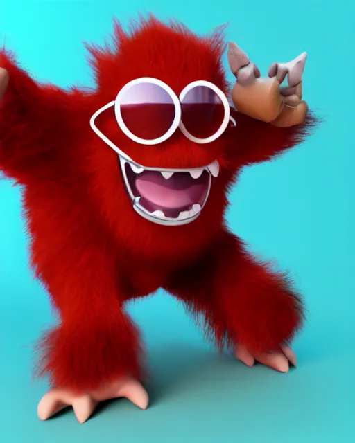 Image similar to 3 d render of completely red hairy friendly antropomorphic cartoony creature wearing chrome shades, full body, simple, cute, white background, unreal engine 5 hdr