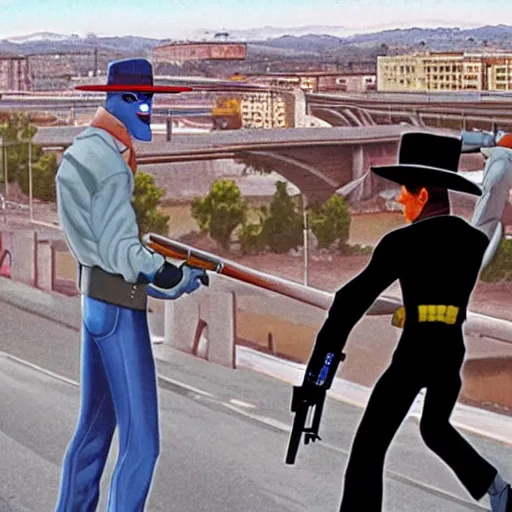 Image similar to duel between cad bane and clint eastwood on the vallecas bridge