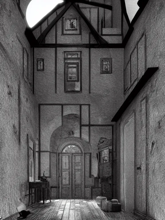 Prompt: the old owl is a strange being, haunting this house from a forgotten time, dramatic lighting, dynamic lighting, cinematic lighting, y maurits cornelis escher, black and white, featured on artstation