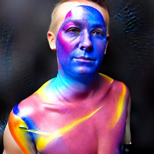 Image similar to iridescent bodypaint on a swashbuckling space pirate