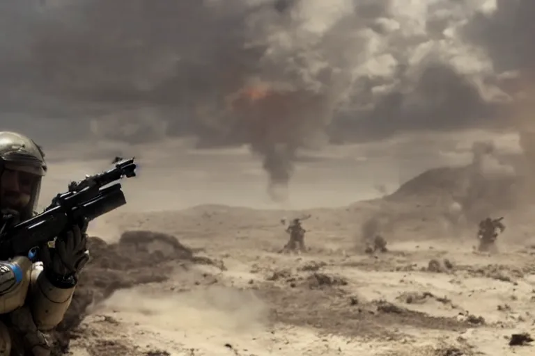 Image similar to VFX movie of a futuristic spacemarine in war zone, shooting gun natural lighting by Emmanuel Lubezki