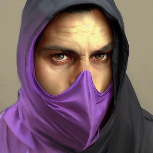 Image similar to ultra realistic illustration, man in a black hood, in a striped purple balaclava, mysterious, highly detailed, digital painting, artstation, concept art, smooth, sharp focus, illustration, art by artgerm and greg rutkowski and alphonse mucha