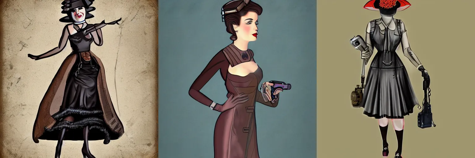 Prompt: a digital artwork of a woman wearing a dress, dieselpunk