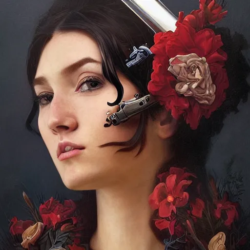 Image similar to a portrait painting of a gunslinger fantasy lady, highly detailed, art by tristan eaton and artgerm and william - adolphe bouguereau