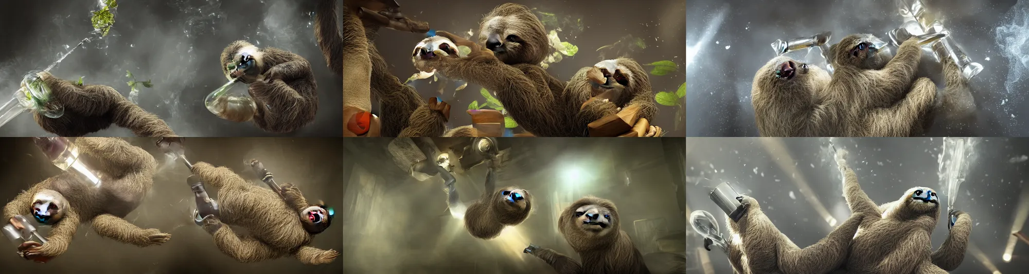 Prompt: a sloth taking a massive bong rip, smokey room, volumetric lighting, hyper realistic