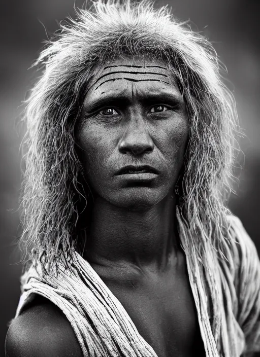 Image similar to Award winning Editorial photo of a Native Nauruans with incredible hair and beautiful hyper-detailed eyes wearing traditional garb by Lee Jeffries, 85mm ND 5, perfect lighting, gelatin silver process