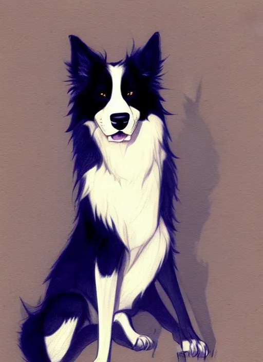 Image similar to wide angle beautiful full body portrait of a cute male anthropomorphic anthro border collie fursona wearing a tank top, character design by charlie bowater, henry asencio, and ross tran, furry art, furaffinity, beautiful, glamor pose, detailed, aesthetic, trending on artstation